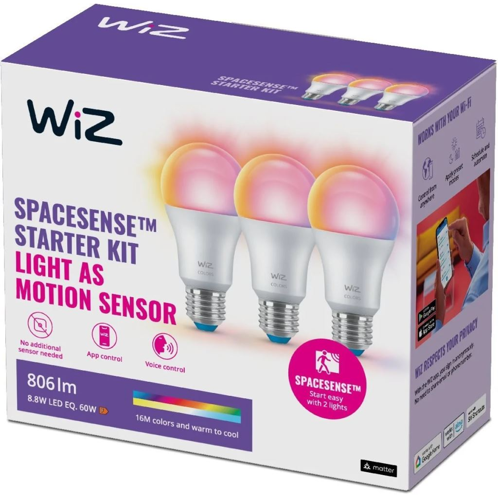 WiZ SET 3x LED žárovka E27 A60 8,8W 806lm 2200-6500K RGB IP20, stmívatelná (929003601033)-0