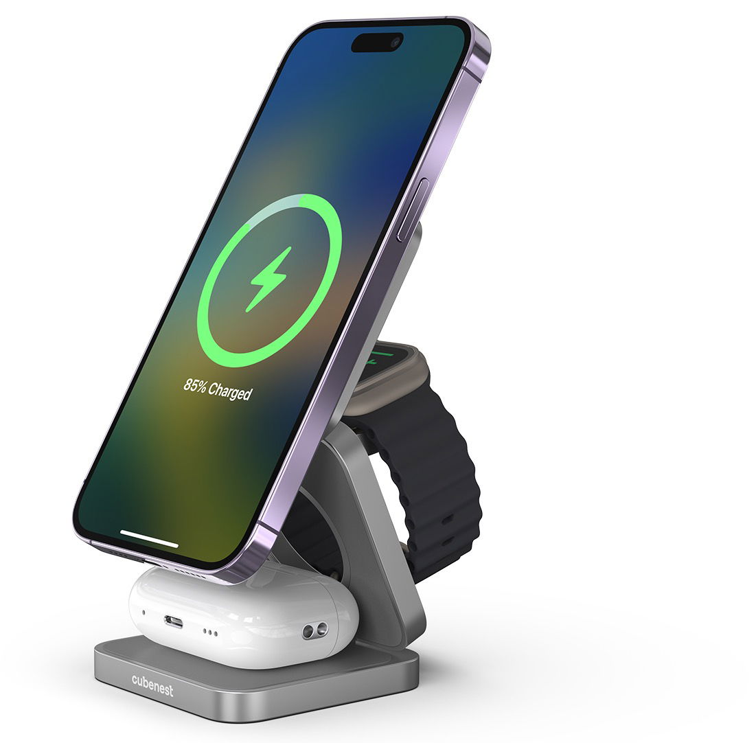 CubeNest S312 Pro Space Grey vezeték nélküli mágneses töltő 3 az 1-ben MagSafe támogatással (6974699970972)-0