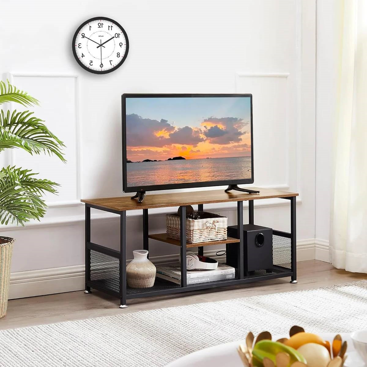 Industrial Modern Metal Wood TV Stand with Media Storage Shelf-2