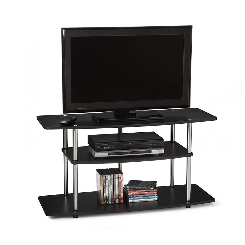 3-Tier Flat Screen TV Stand in Black Wood Grain / Stainless Steel-1