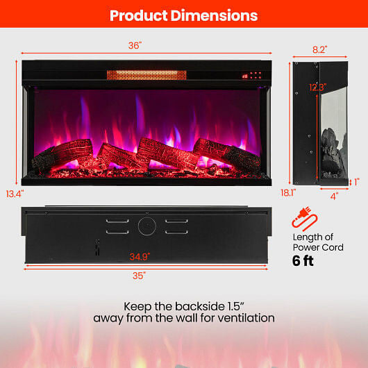36 Inch 3-Sided 1500W Electric Fireplace with 7-Color Flame-Black-2