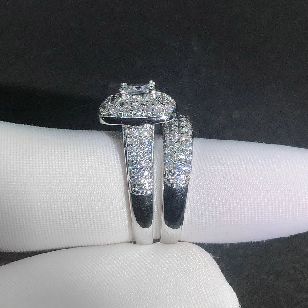 Hot Selling Women's Gorgeous Princess Cut Cubic Zirconia Promise Engagement Bridal Wedding Ring Set-3