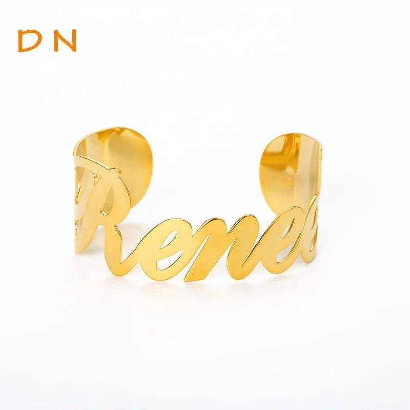 Dina Wholesale Trendy Women Punk Style 18K Gold Plated Wide Custom Names Stainless Steel Open Cuff Bangle Jewelry-5
