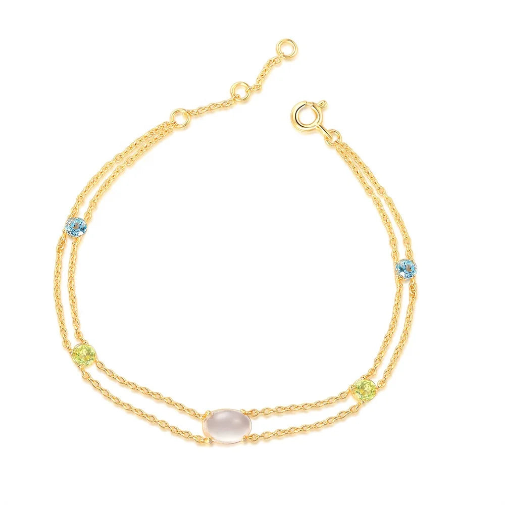 Pulseira Feminina De Prata Natural Gemstone Rose Quartz Topaz Peridot S925 Link Chain Bracelet HI062-0