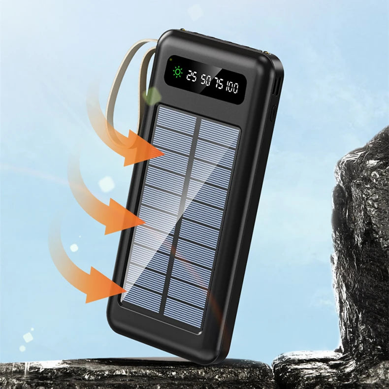 Lanyard Design Comes with Mobile Phone Holder 2USB Output 1 to 4 Output Charging Cable 20000 MAh Solar Power Bank-1