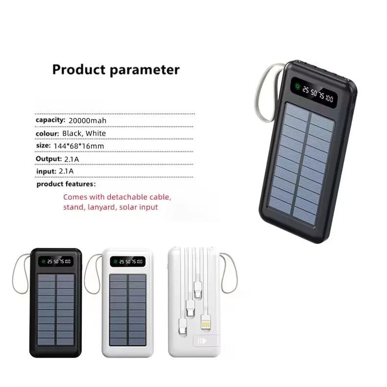 Lanyard Design Comes with Mobile Phone Holder 2USB Output 1 to 4 Output Charging Cable 20000 MAh Solar Power Bank-5