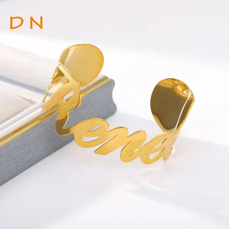 Dina Wholesale Trendy Women Punk Style 18K Gold Plated Wide Custom Names Stainless Steel Open Cuff Bangle Jewelry-3