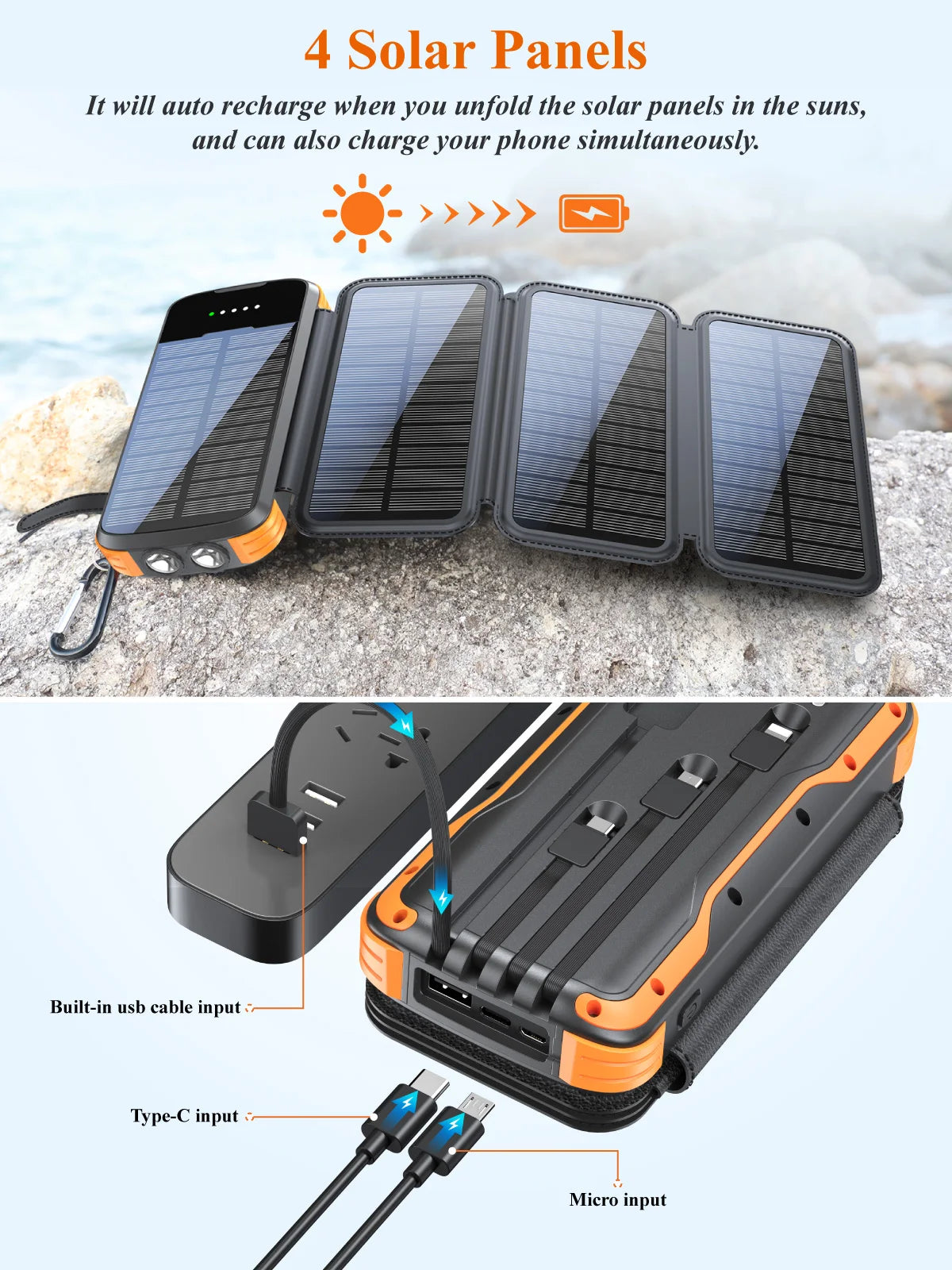 2025 Best Selling Products 4 Solar Cell Panel Large Capacity 20000mAh Portable Waterproof for Iphone Charger Solar Powerbank-2