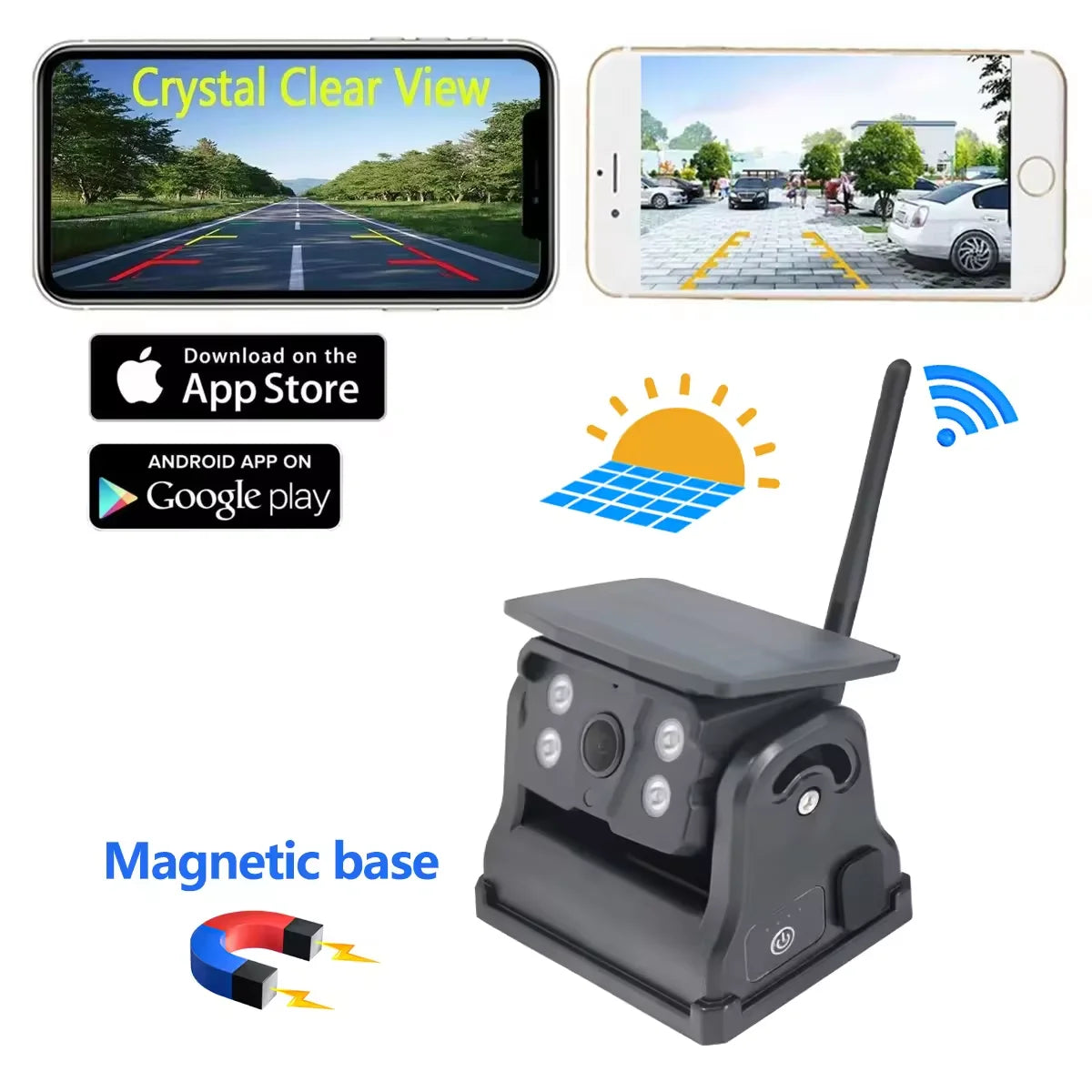 WiFi HD with Solar Panel 300M Wireless Bus Van Truck RV Car DVR Front Rear View Camera for IOS and Android Phone-0