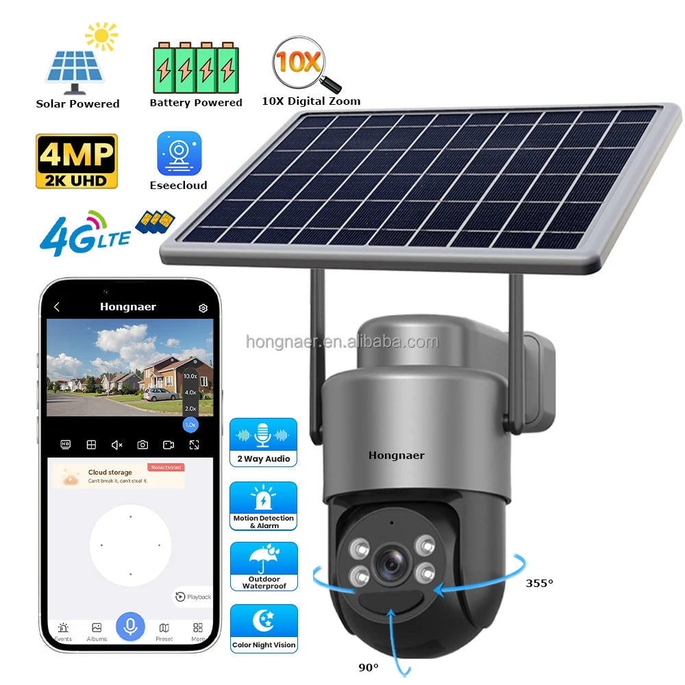 Hongnaer 4MP Solar Panel Powered 4G Wireless Network Surveil PTZ Camera Eseecloud Outdoor 4G Sim Card CCTV Solar Security Camera-0