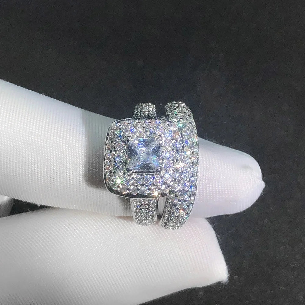 Hot Selling Women's Gorgeous Princess Cut Cubic Zirconia Promise Engagement Bridal Wedding Ring Set-2