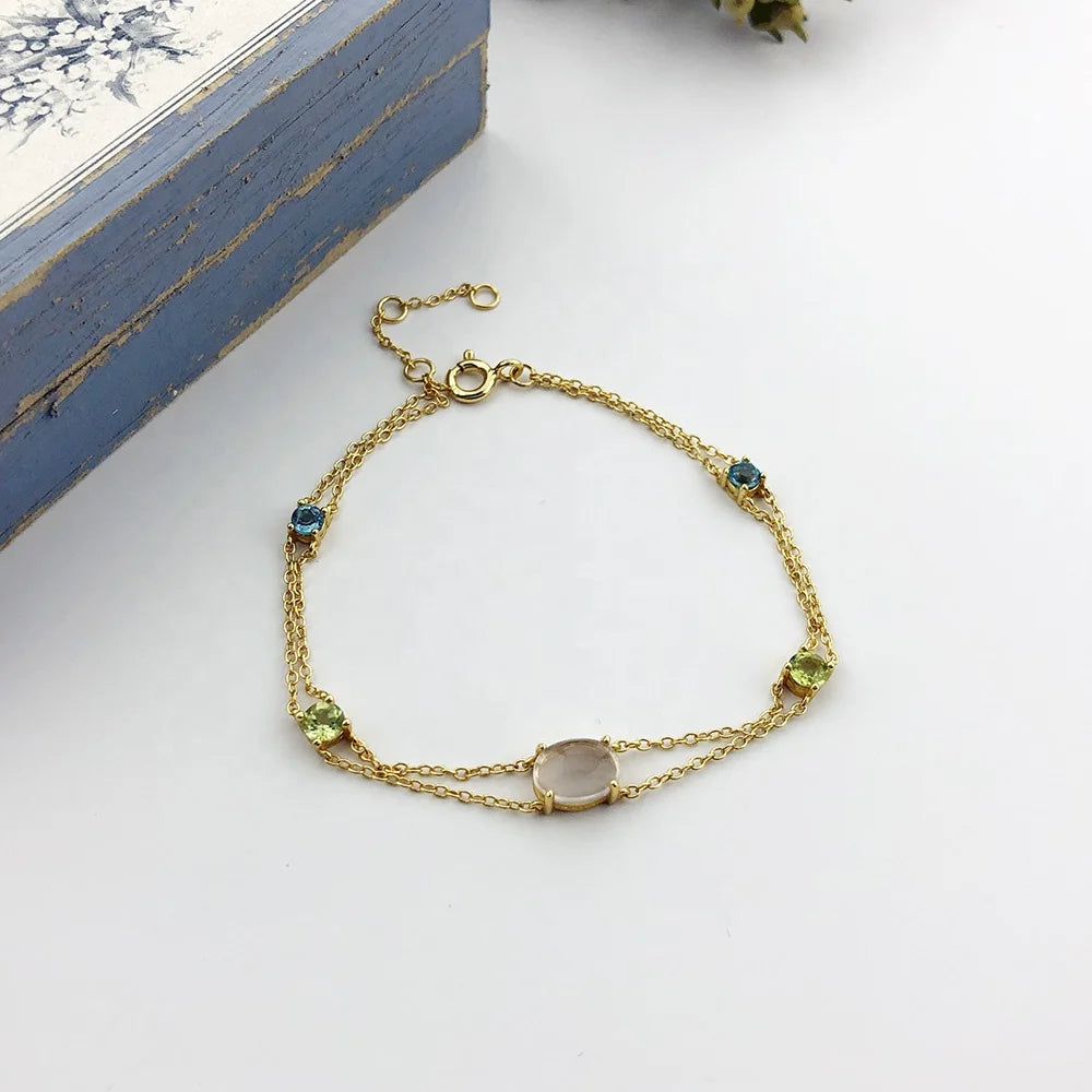 Pulseira Feminina De Prata Natural Gemstone Rose Quartz Topaz Peridot S925 Link Chain Bracelet HI062-3