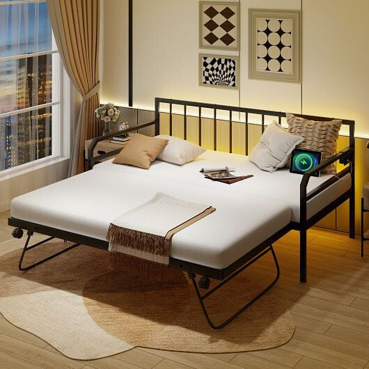 Adjustable Metal Twin Size Daybed with Charging Station and LED Light-Black-0
