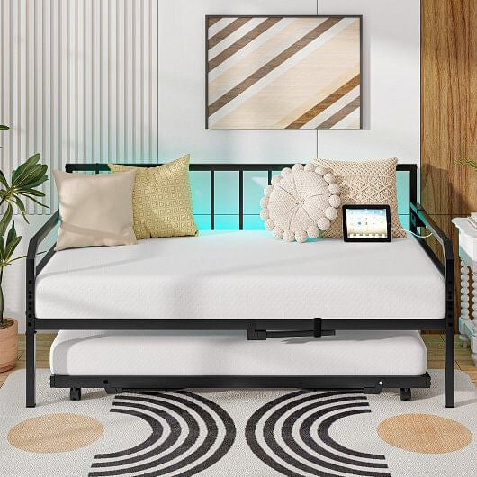 Adjustable Metal Twin Size Daybed with Charging Station and LED Light-Black-1