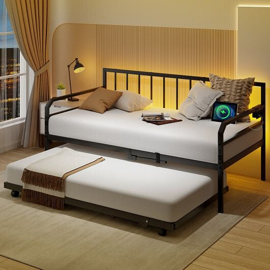 Adjustable Metal Twin Size Daybed with Charging Station and LED Light-Black-3