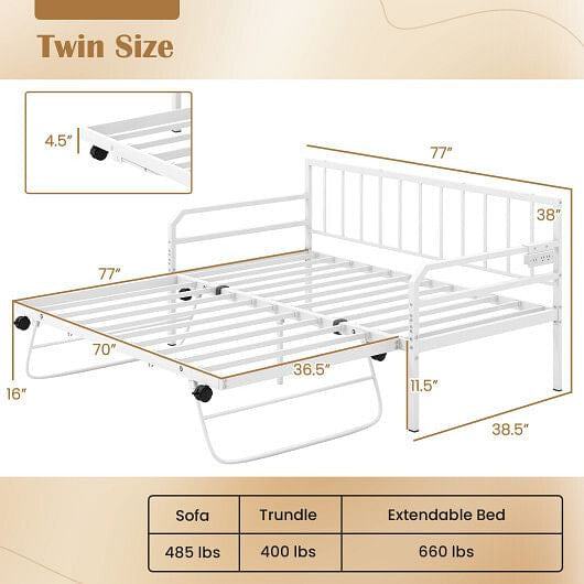 Adjustable Metal Twin Size Daybed with Charging Station and LED Light-Black-7