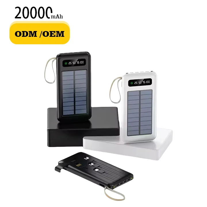 Lanyard Design Comes with Mobile Phone Holder 2USB Output 1 to 4 Output Charging Cable 20000 MAh Solar Power Bank-0