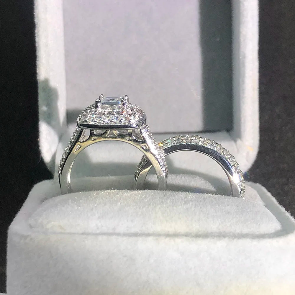 Hot Selling Women's Gorgeous Princess Cut Cubic Zirconia Promise Engagement Bridal Wedding Ring Set-4