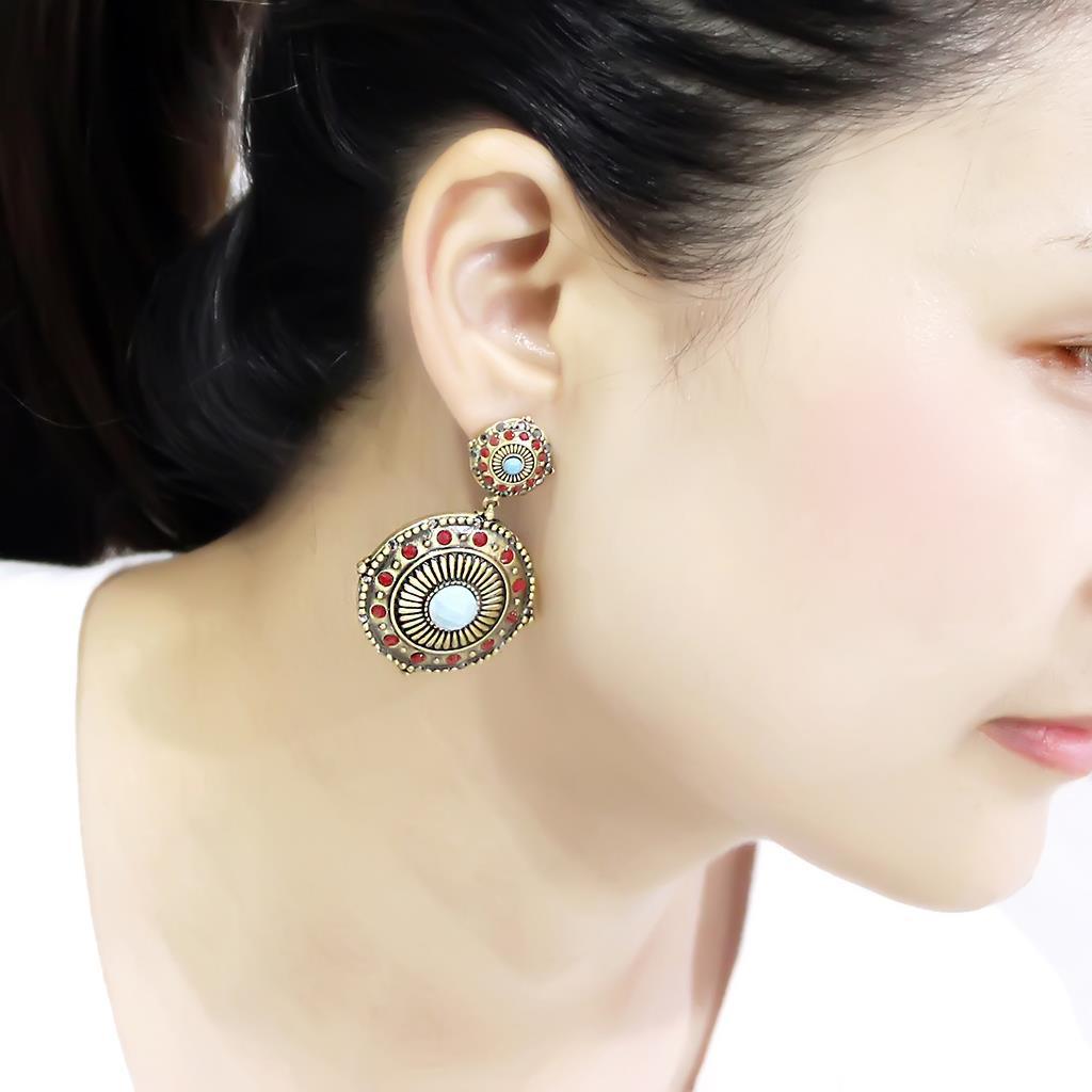 LO4685 - Antique Copper Brass Earrings with Synthetic Turquoise in Sea Blue-3
