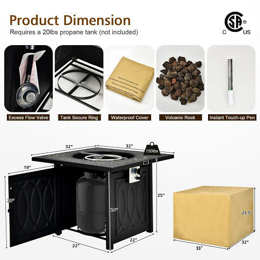 32 Inch Propane Fire Pit Table Square Tabletop with Lava Rocks Cover 50000 BTU-Black-4