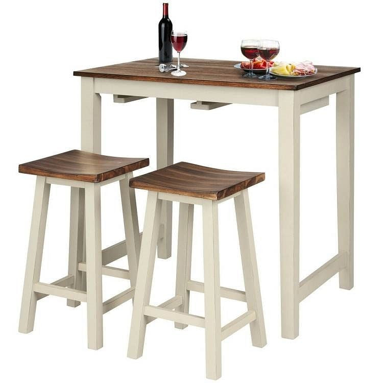 3 Piece Farmhouse Counter Height Kitchen Pub Table Set with 2 Saddle Bar Stools-2