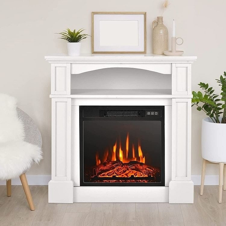 32 inch 1,400 Watt Electric TV Stand Fireplace with Shelf White-0