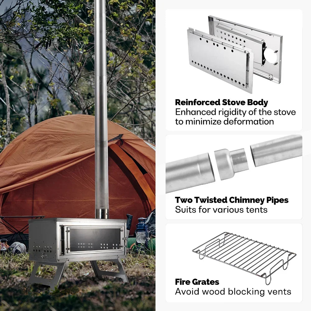 Portable Folding Wood Stove with Chimney Fastfold Tent Stove Silver-1