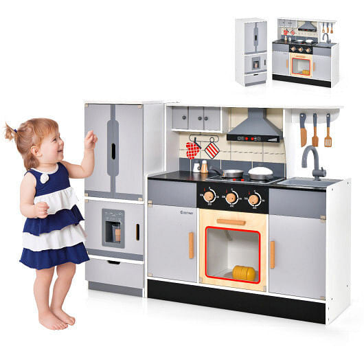 Wooden Chef Play Kitchen and Refrigerator with Realistic Range Hood and Roaster-4