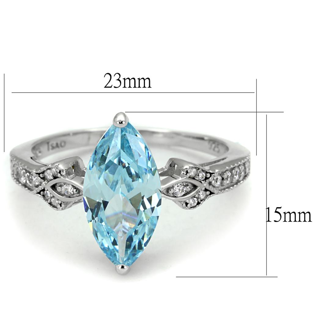 TS502 - Rhodium 925 Sterling Silver Ring with AAA Grade CZ  in Sea Blue-1