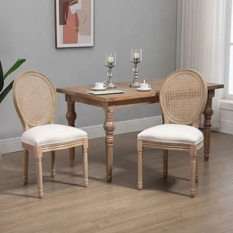 Set of 2 Vintage Upholstered Armless Rattan Back Dining Chairs Beige White-0