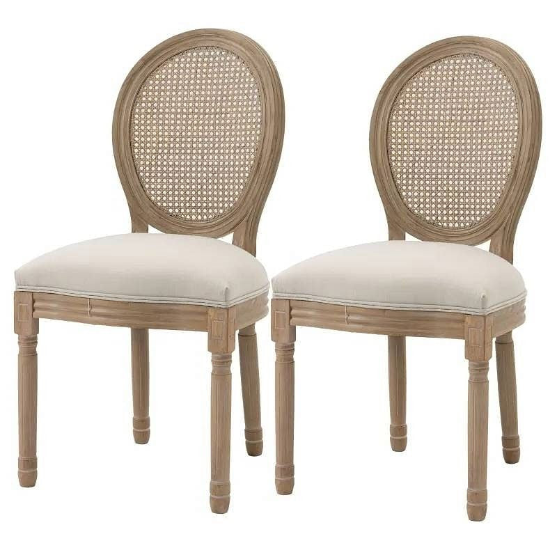 Set of 2 Vintage Upholstered Armless Rattan Back Dining Chairs Beige White-2