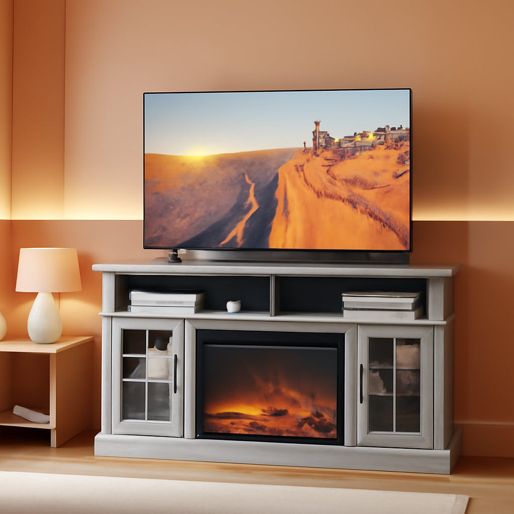 58 Inch Rustic TV Stand With Electric Fireplace And Storage-0