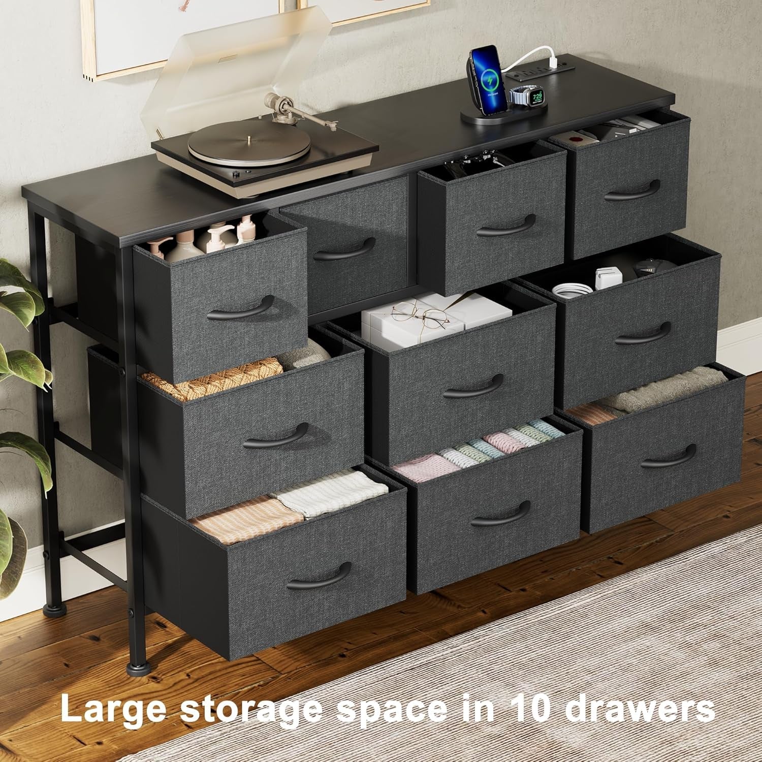Grey 10 Drawer Dresser TV Stand With Power Outlets-2