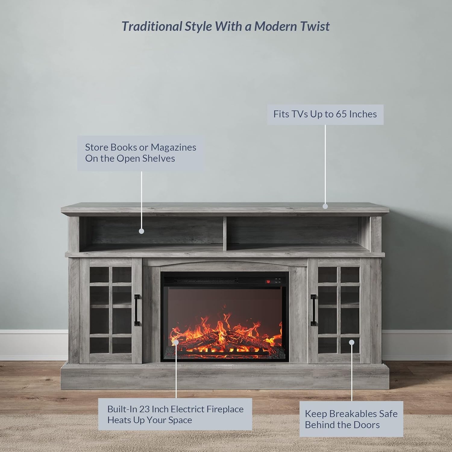 58 Inch Rustic TV Stand With Electric Fireplace And Storage-3