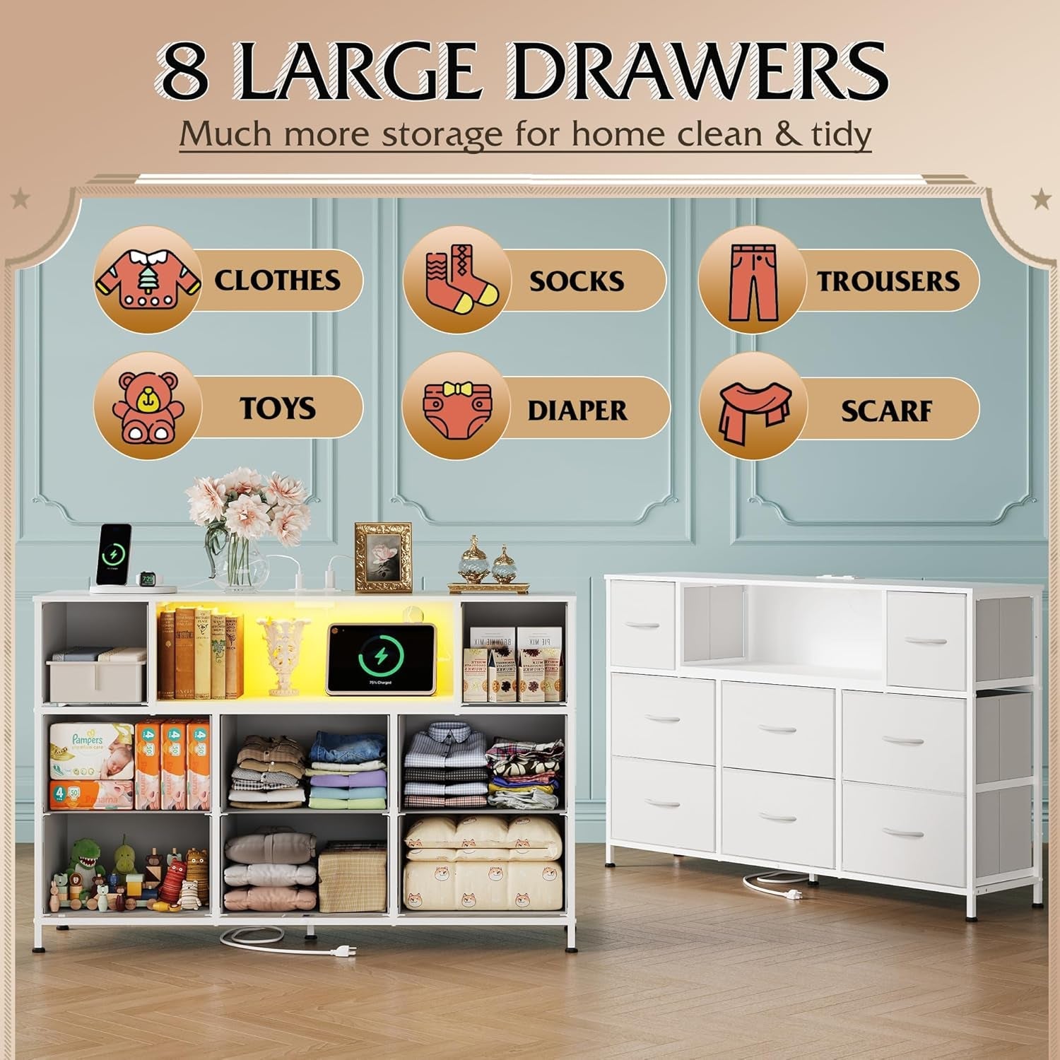 White Dresser TV Stand for 55 Inch TV with Charging Station LED Lights-3