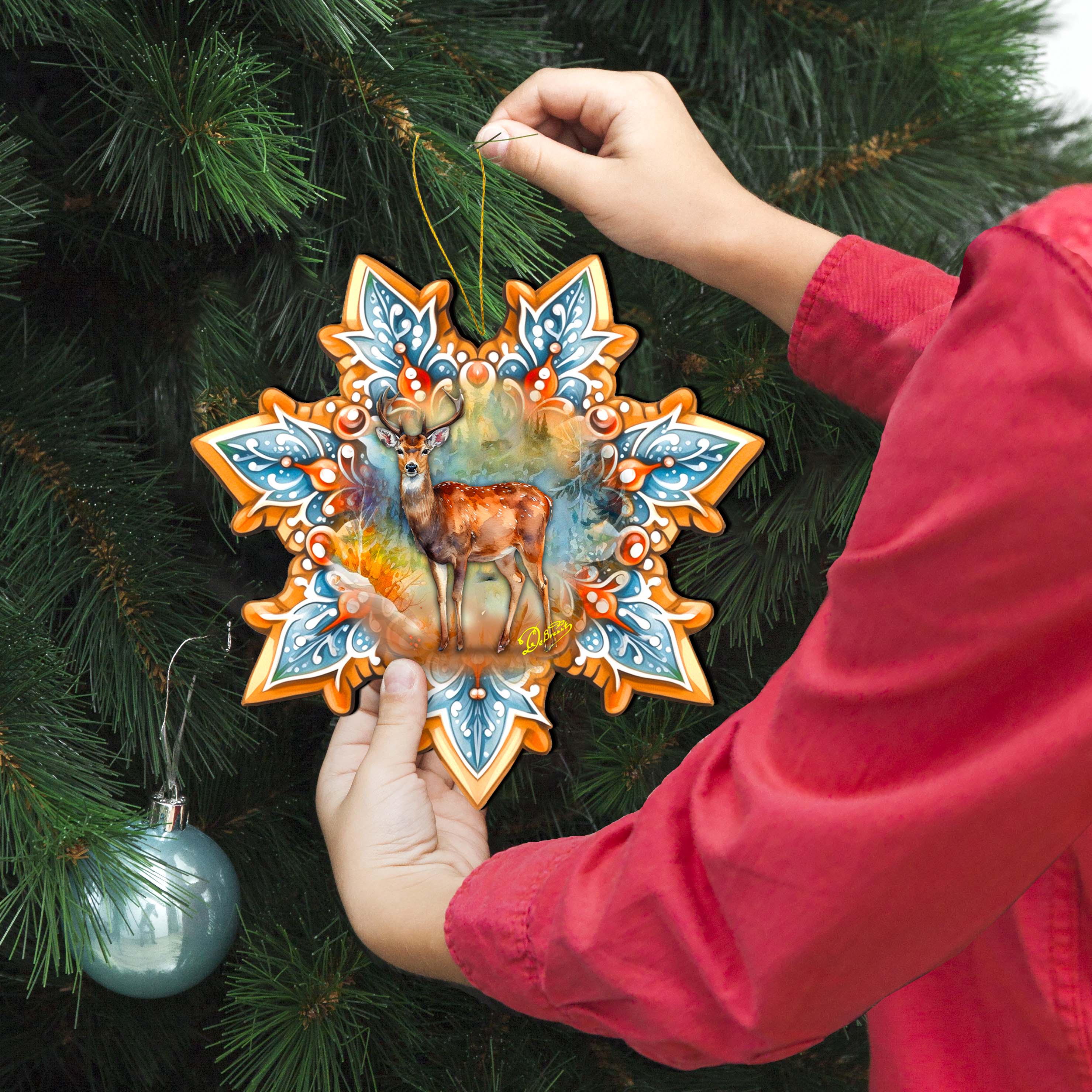 Forest Elk Snowflake Large Wooden Ornament by G. Debrekht - Nature Wildlife Decor - 8688413M-0
