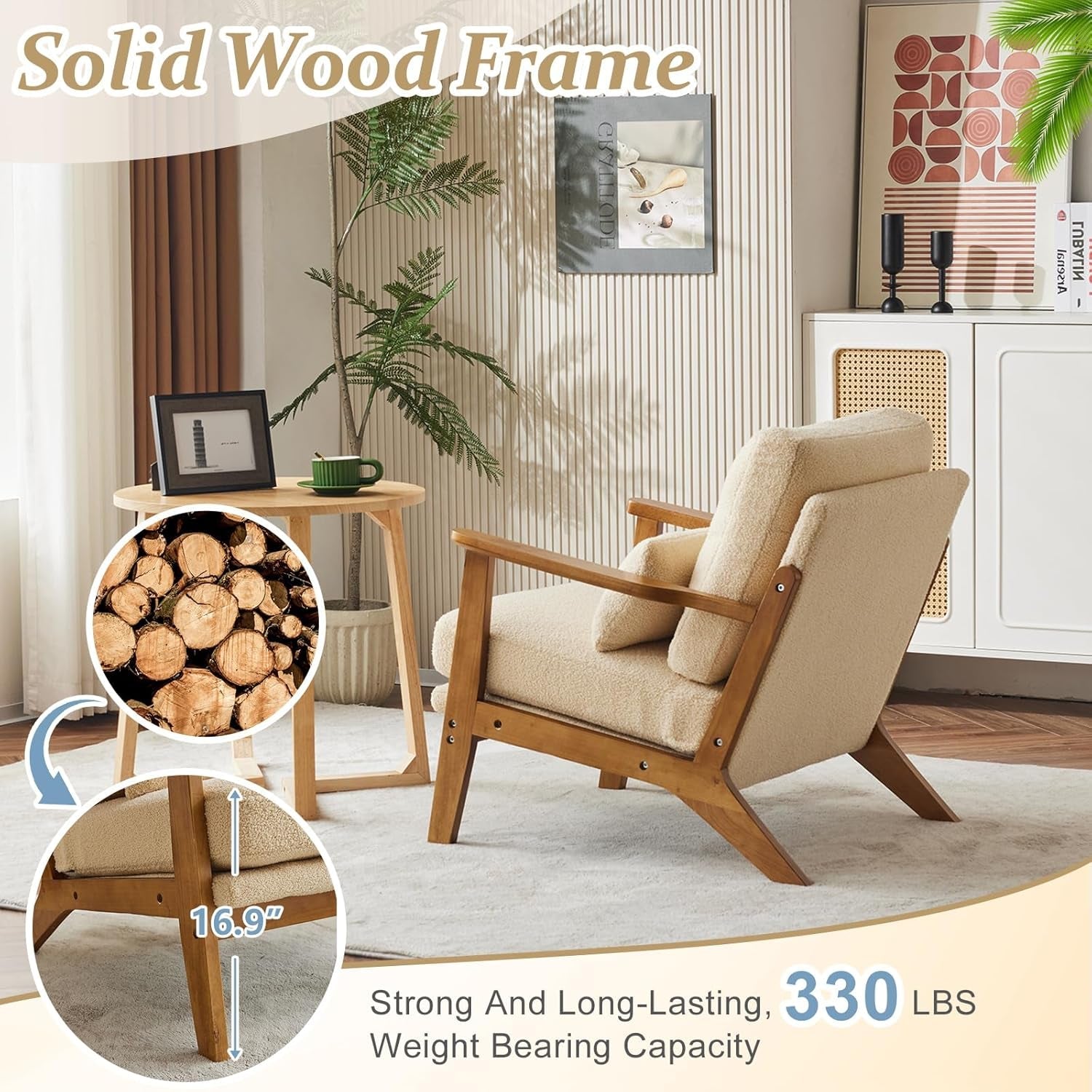 Solid Wood ArmchairWithPillow Khaki Teddy Velvet Upholstery-3