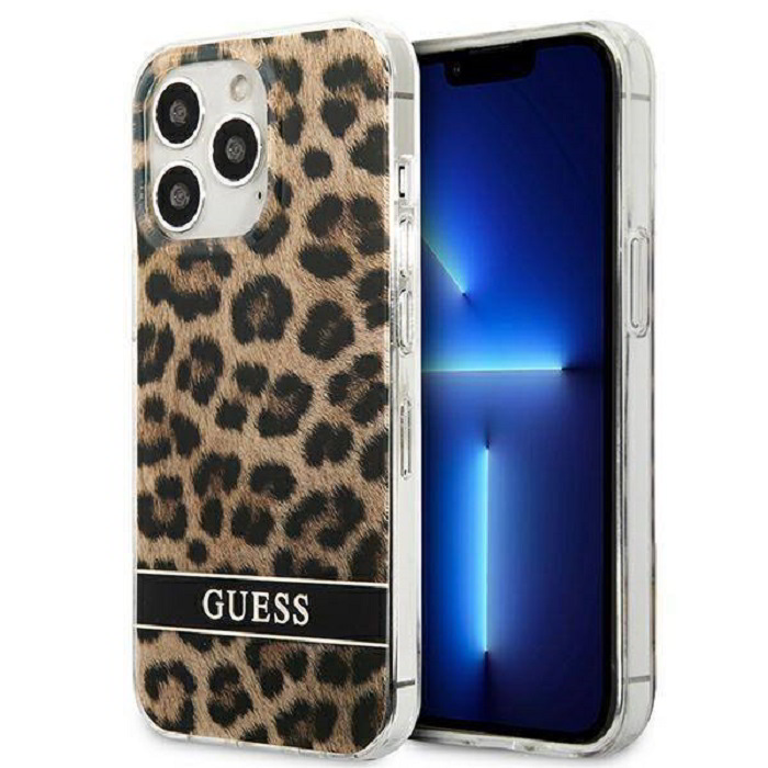 Guess Leopard Electro Stripe Apple iPhone 13 Pro Szilikon Tok - Barna (GUHCP13LHSLEOW)-0