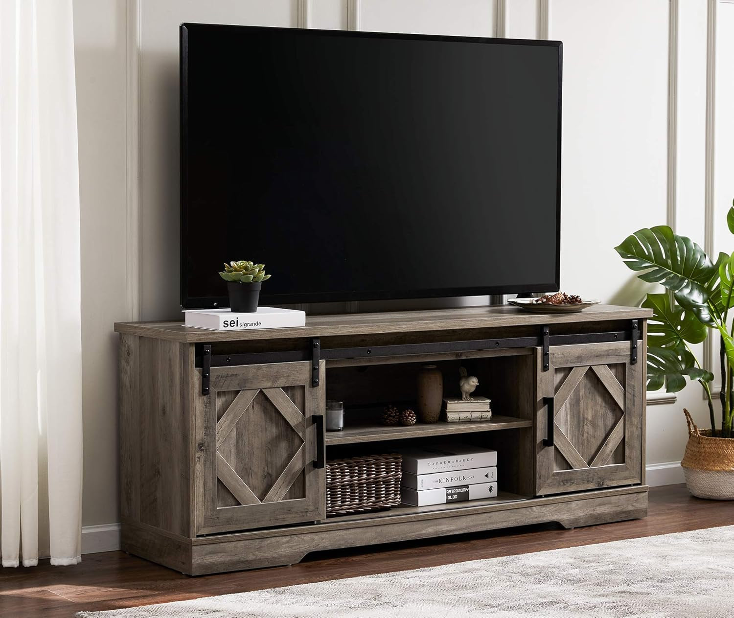 Farmhouse Sliding Barn Door TV Stand 65 Inch TV Wash Grey-1