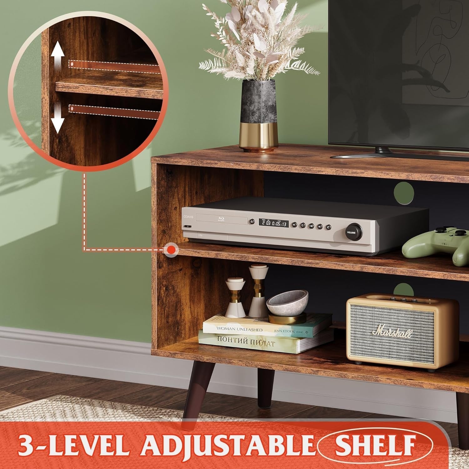 Mid Century TV Stand for 55 Inch TV Brown Wood Entertainment Center With Storage-4