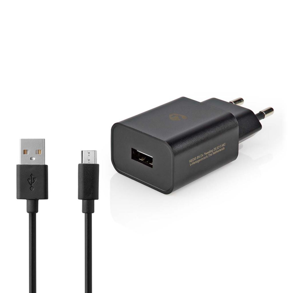 Мрежово зарядно устройство Nedis, micro USB, 1 изход 2.1А, Черен (WCHAM213ABK)-0