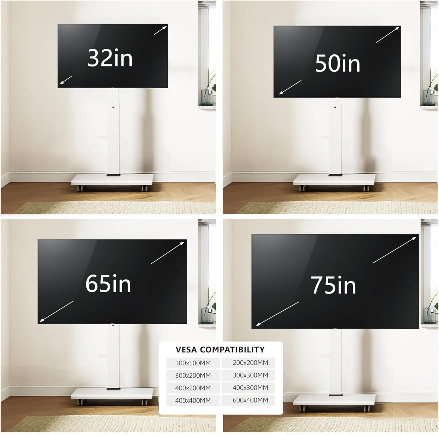Rolling TV Stand On Wheels For 32 To 75 Inch TVs With 40 Degree Swivel-4