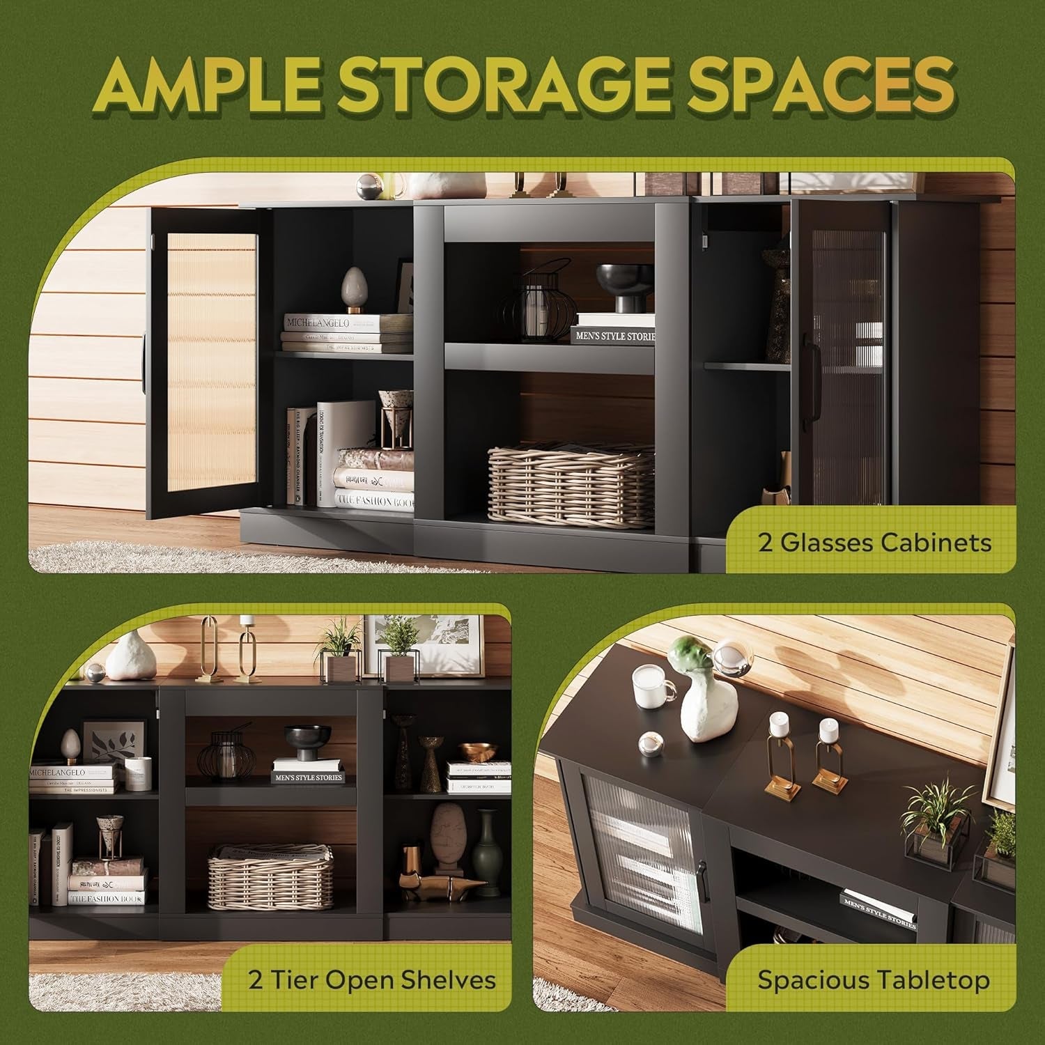 Retro TV Stand For 65 Inch TV With Storage And Open Shelves Black-3