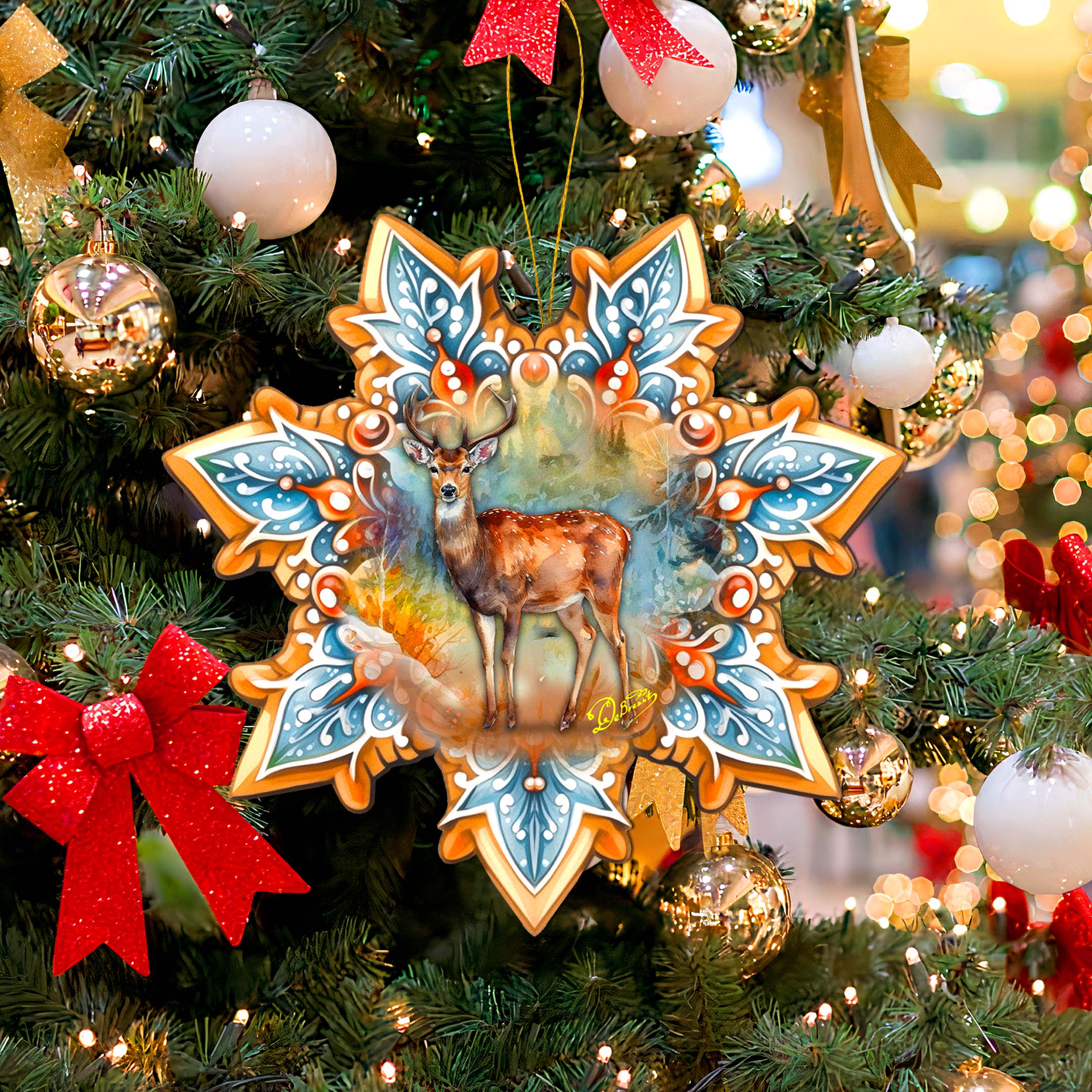 Forest Elk Snowflake Large Wooden Ornament by G. Debrekht - Nature Wildlife Decor - 8688413M-1