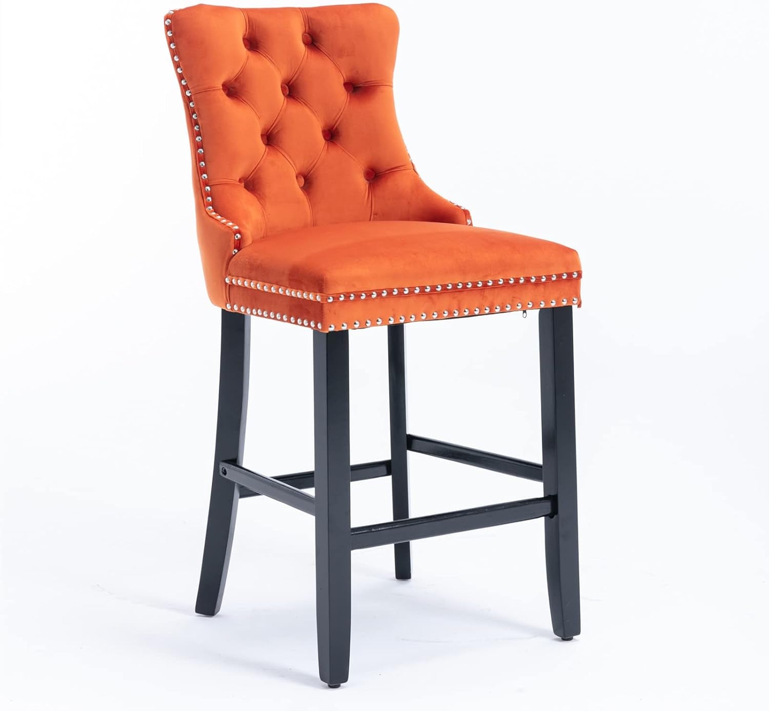Velvet Upholstered Wingback Bar Stools Set of 2, Button Tufted Counter Height Bar Stool Chairs with Nailhead Trim&Handle Ring, Padded Kitchen Island Barstools W/Solid Wood Frame, Orange-3