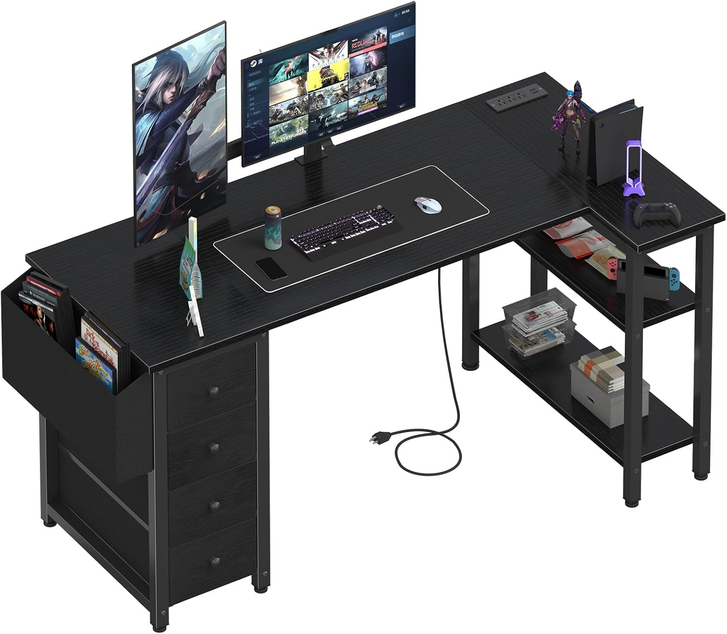 L Shaped Gaming Desk with Drawers & Storage Shelves, 55 Inch Corner Computer Desk with Power Outlet for Home Office Bedroom, L-Shaped Teen PC Desks with Fabric Drawer, Black-0
