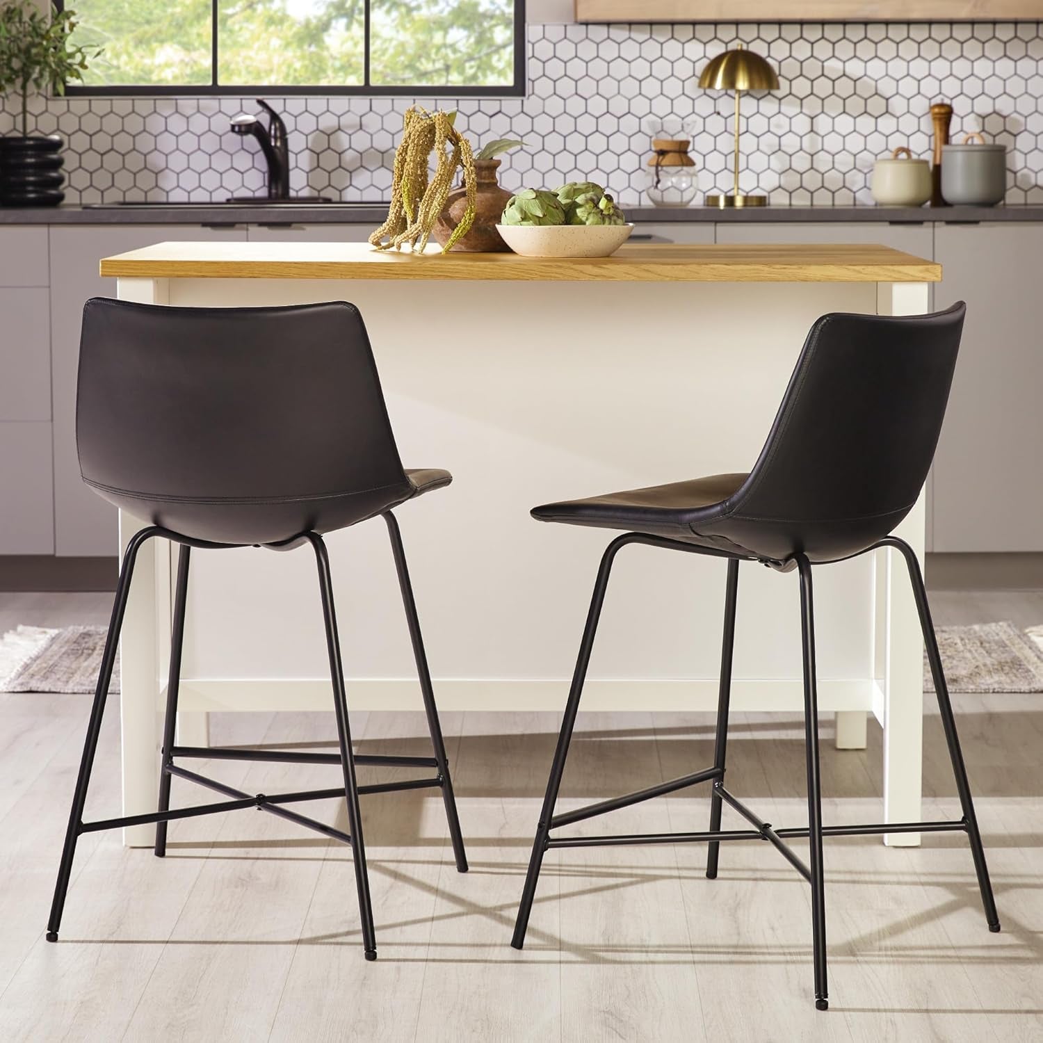 Modern Upholstered Faux Leather Armless Counter Stools with Powder-Coated Steel Base, Set of 2, Black-2