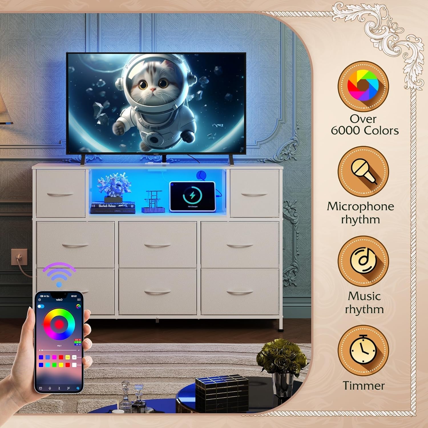 White Dresser TV Stand for 55 Inch TV with Charging Station LED Lights-4