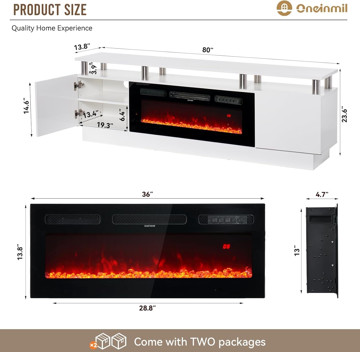 80 Inch White Electric Fireplace TV Stand With LED Lights-4