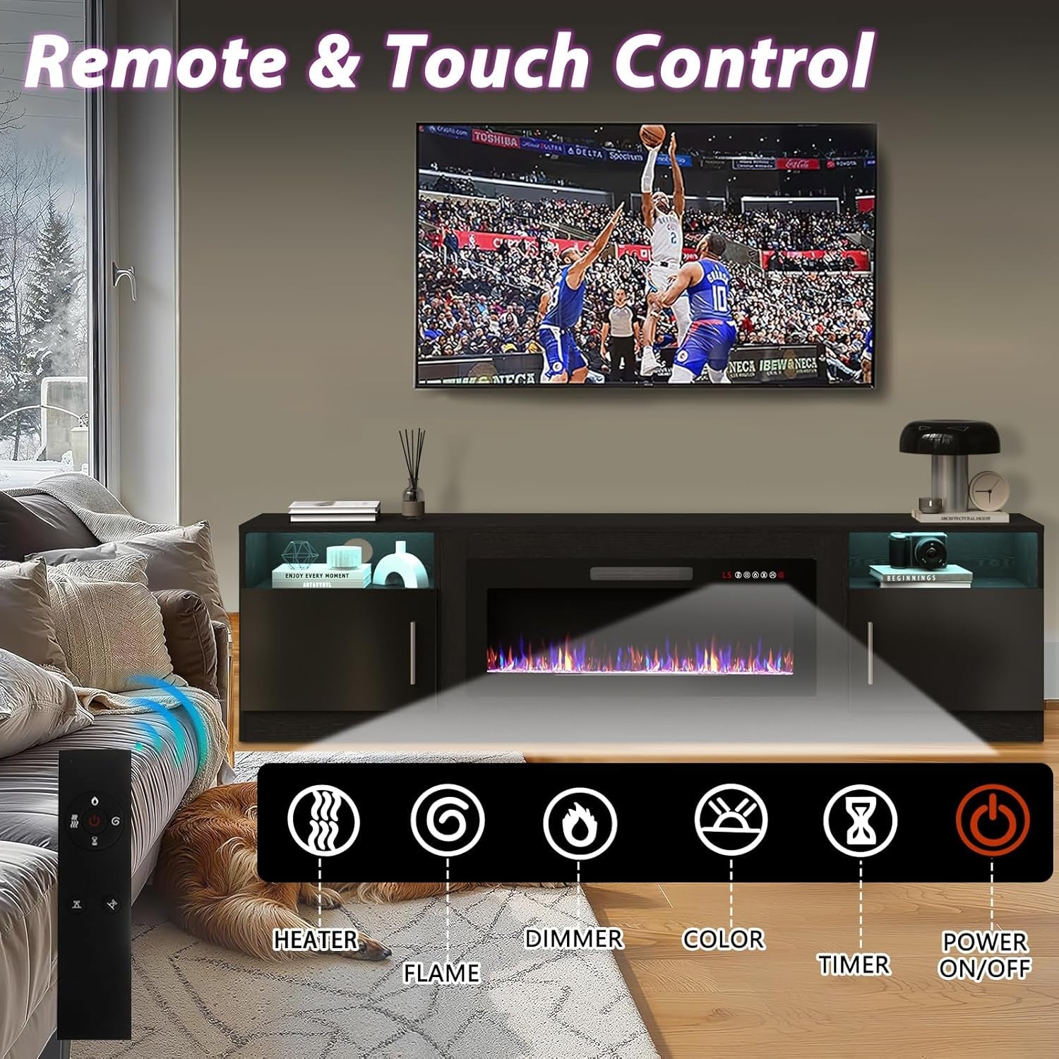 80 Inch TV Stand Electric Fireplace With LED Lighting Black-4